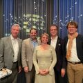 Die Kandidierenden fürs HotellerieSuisse-Präsidium  Martin von Moos, Claude Meier, Marie Forestier und Urs Bircher, mit dem Präsident des Basler Regionalverbands von HotellerieSuisse Franz-Xaver Leonhardt (v.l.)