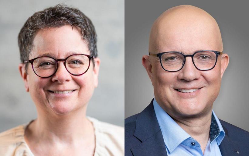 zwei Portraits: links eine Frau mit kurzen Haaren und Brille, rechts ein Mann mit Glatze und einer Brille