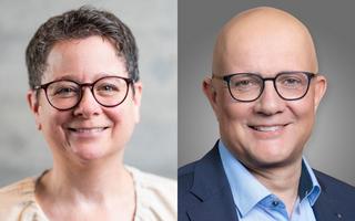 zwei Portraits: links eine Frau mit kurzen Haaren und Brille, rechts ein Mann mit Glatze und einer Brille