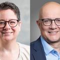 zwei Portraits: links eine Frau mit kurzen Haaren und Brille, rechts ein Mann mit Glatze und einer Brille
